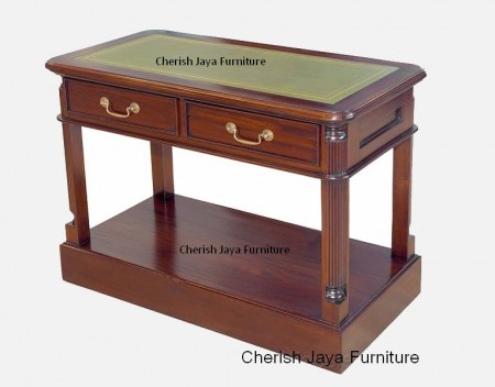 WLL 206-ML  Name: Side Table Size: W=105 x D=45 x H=66 cm Wood: Mahogany  WLL 207-ML  Name: Side Table Size: W=105 x D=45 x H=80 cm Wood: Mahogany  All drawers from all designs with wooden rail. With Leather and Gold print.